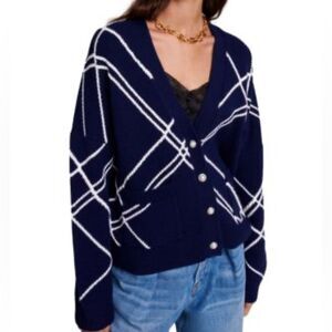 Maje Moova Button Front Knit Cardigan Sweater Ribbed Edges Navy Blue and White 3